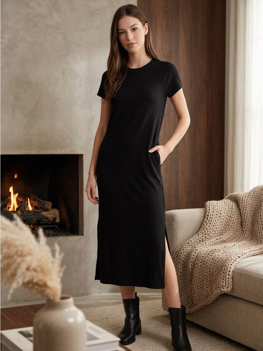 Motherhood Black Short-Sleeve Midi Maternity Dress with Side Slit